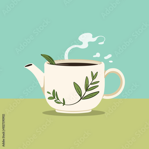 Minimalist Herbal Tea Mug Steaming Cup with Rosemary and Lemongrass