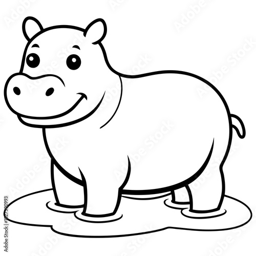 simple icon Children coloring book page, line art, monochrome black and white, cartoon outline cute style, illustration of a hippo