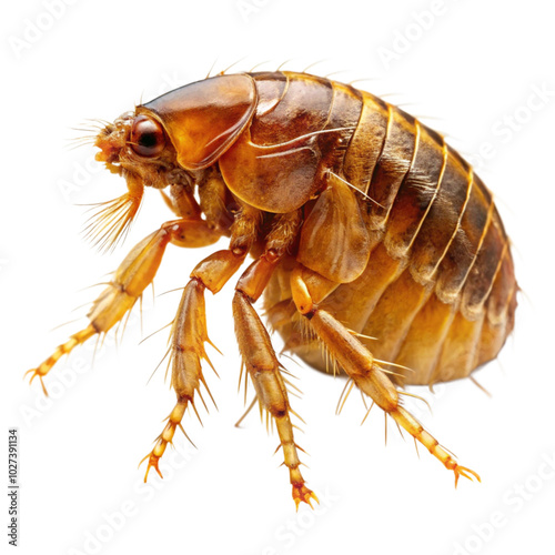 Detailed image of a flea on a white background, great for entomological research.