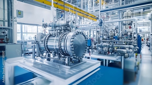 A large industrial plant with a large piece of machinery in the middle. The machinery is surrounded by pipes and valves. Scene is industrial and mechanical photo