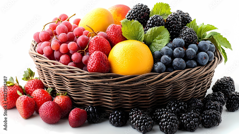 Many different fresh fruits in wicker basket isolated on white Many different fresh fruits in wicker basket isolated on white
