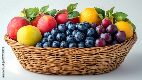 Many different fresh fruits in wicker basket isolated on white