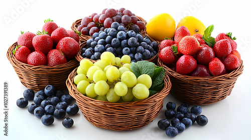 Many different fresh fruits in wicker basket isolated on white