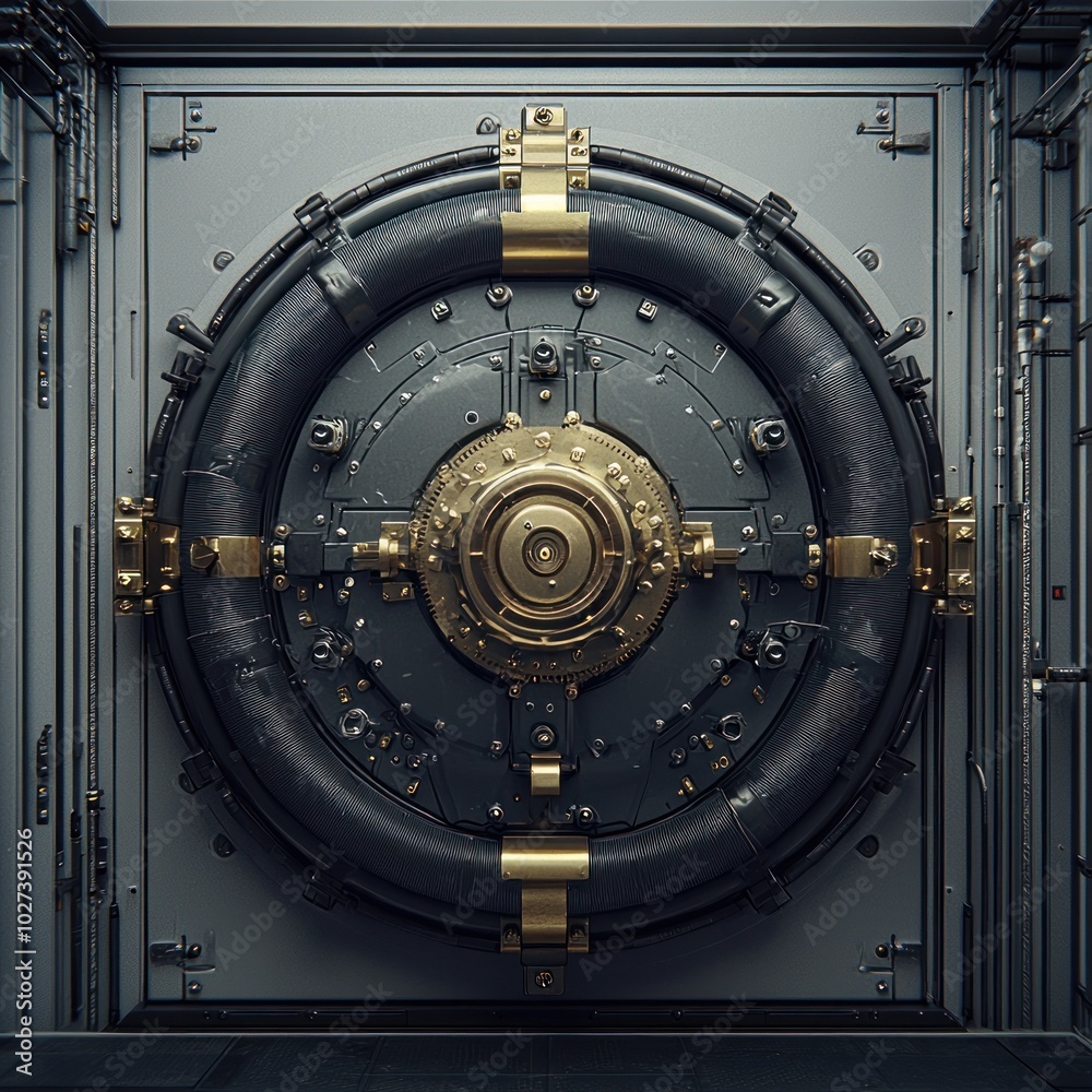 Illustrate a frontal view of a robust digital bank vault showcasing advanced security features in a futuristic digital art style Illustrate a frontal view of a robust digital bank vault showcasing advanced security features in a futuristic digital art style