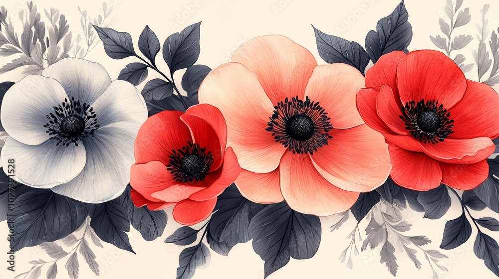 A horizontal border of delicate white, pink and red anemones with dark green foliage. A horizontal border of delicate white, pink and red anemones with dark green foliage.