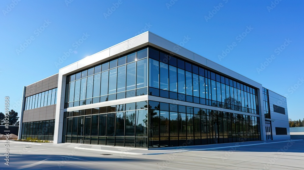 Artistic view of a modern building with large windows, contrasting against a cloudless blue sky. Artistic view of a modern building with large windows, contrasting against a cloudless blue sky.