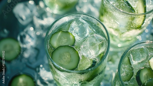 Refreshing Cucumber Soda in Glass with Ice Cubes