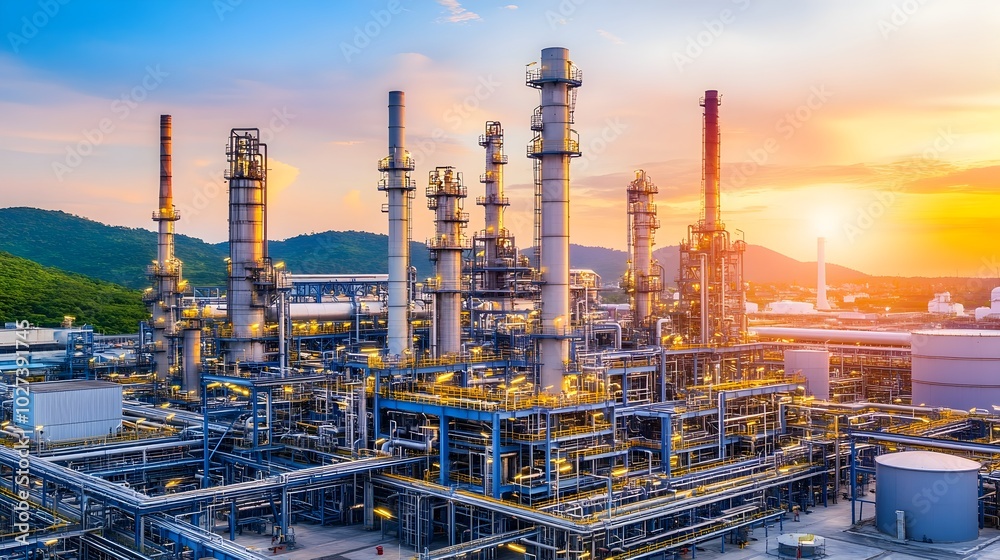 Aerial View of Illuminated Oil Refinery Landscape at Vibrant Sunset with Pipelines and Storage Tanks Aerial View of Illuminated Oil Refinery Landscape at Vibrant Sunset with Pipelines and Storage Tanks