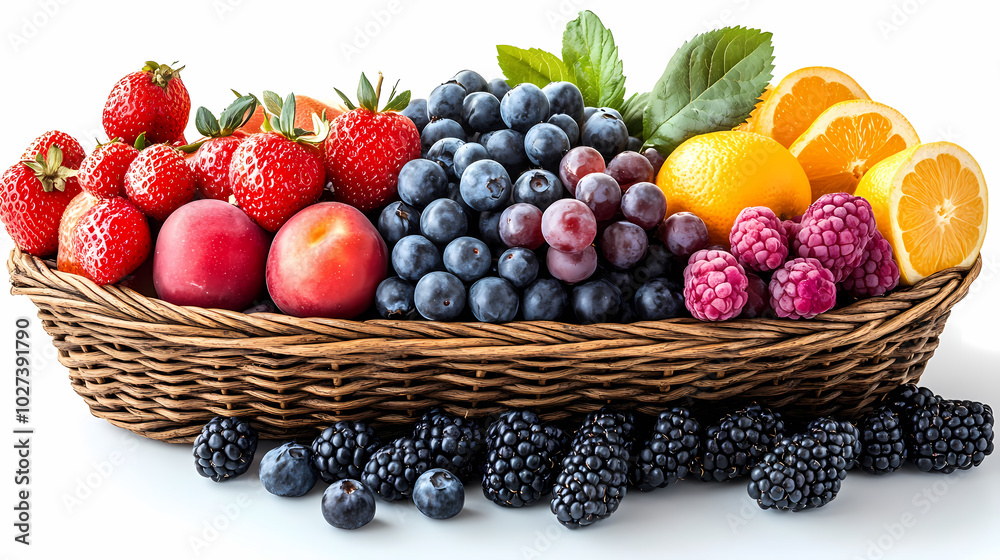 Many different fresh fruits in wicker basket isolated on white Many different fresh fruits in wicker basket isolated on white