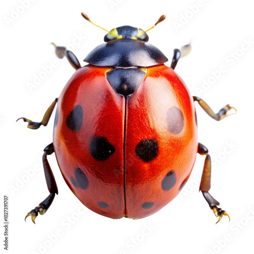 High-quality image of a ladybug on a white background, focusing on the red wings and spots.