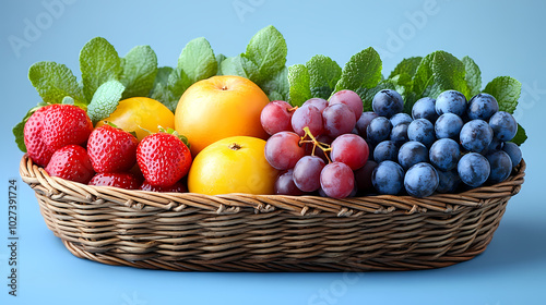 Fototapeta Naklejka Na Ścianę i Meble -  Many different fresh fruits in wicker basket isolated on white