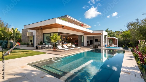 Modern villa with a pool, surrounded by greenery and outdoor seating, ideal for relaxation and leisure.