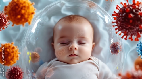 An infant surrounded by a protective barrier that shields them from bacteria. The barrier appears as a soft, glowing shield with subtle details representing the defense against harmful germs.
