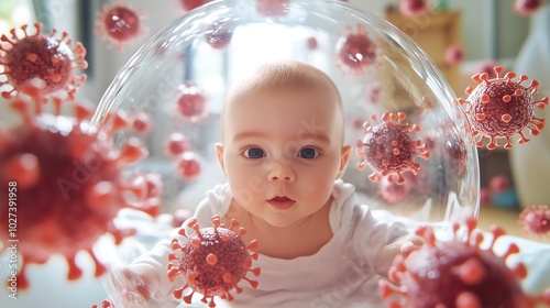 An infant surrounded by a protective barrier that shields them from bacteria. The barrier appears as a soft, glowing shield with subtle details representing the defense against harmful germs.