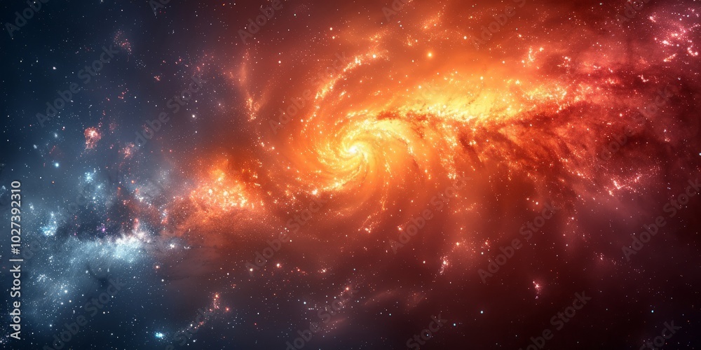 Obraz premium A swirling spiral galaxy in bright orange and deep space blue, showcasing cosmic energy and the vastness of the universe, ideal for astronomy, sci-fi, or space exploration themes.