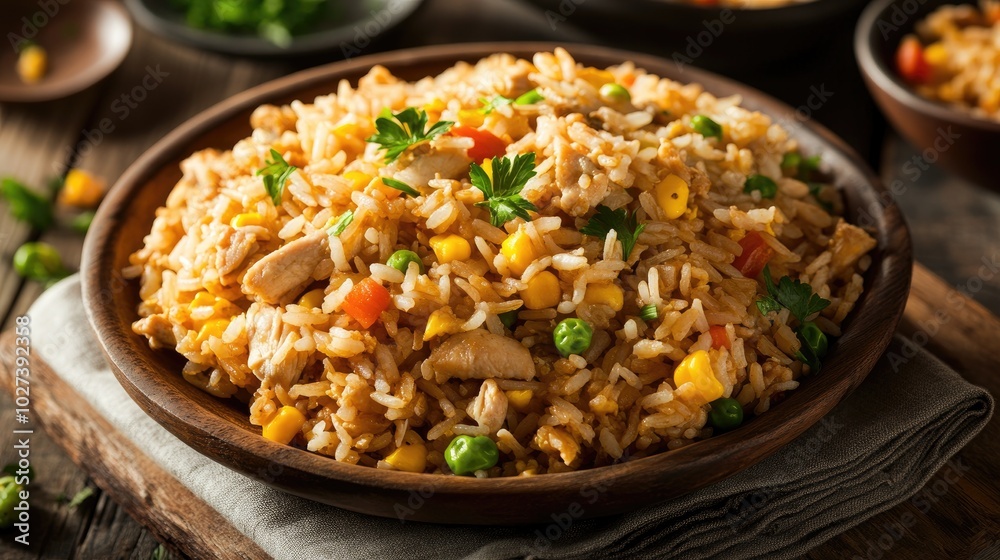 Rustic Wooden Plate with Chicken and Rice Dish Rustic Wooden Plate with Chicken and Rice Dish