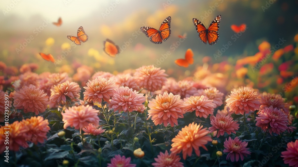 Monarch Butterflies Flying Over a Field of Pink Chrysanthemums Monarch Butterflies Flying Over a Field of Pink Chrysanthemums