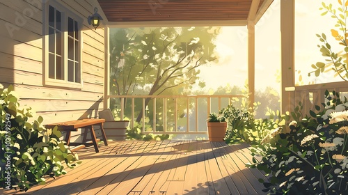 A serene porch scene bathed in warm sunlight, surrounded by greenery and a tranquil atmosphere.