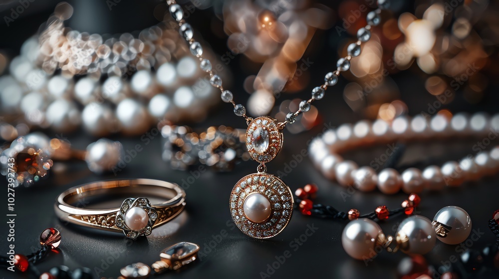 A close-up of a pearl necklace, ring, and other jewelry. A close-up of a pearl necklace, ring, and other jewelry.