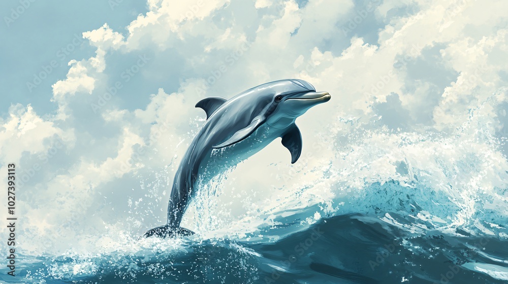 Fototapeta premium A dolphin leaps out of the water with a blue sky and white clouds in the background.