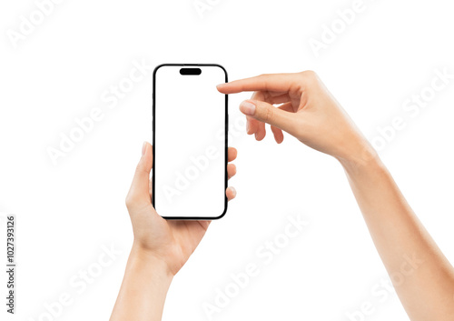 Hand holding the black smartphone with mockup of blank screen on isolated white background. photo