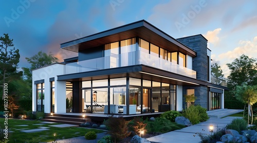 Modern house with large windows, sleek design, and surrounding greenery.