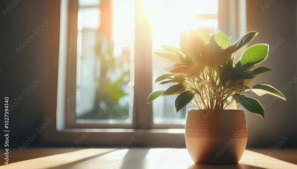 Sunlight coming in through a window and potted plant in a room Sunlight coming in through a window and potted plant in a room