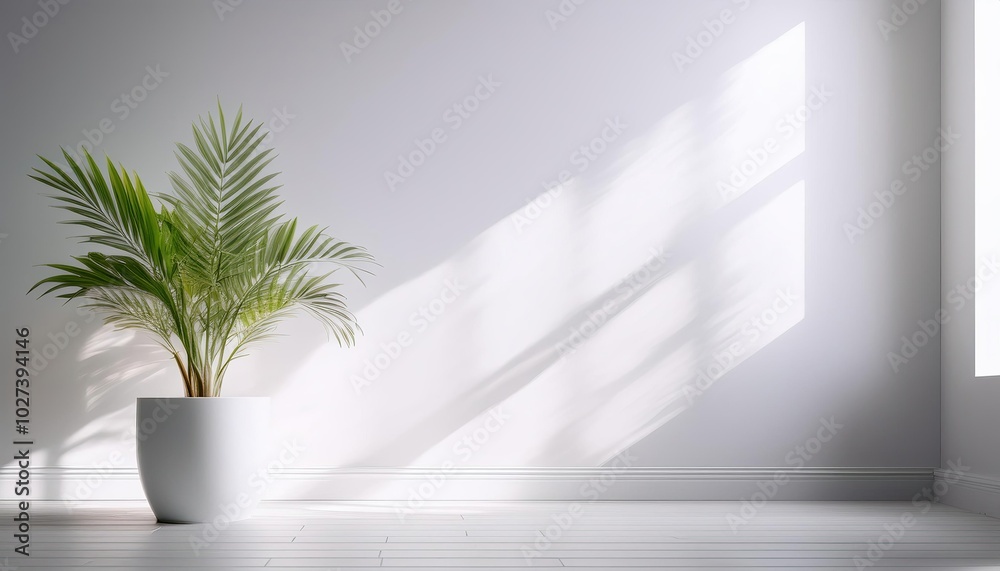 Sunlight coming in through a window on a blank white wall white potted plant in a white color room minimal style Sunlight coming in through a window on a blank white wall white potted plant in a white color room minimal style