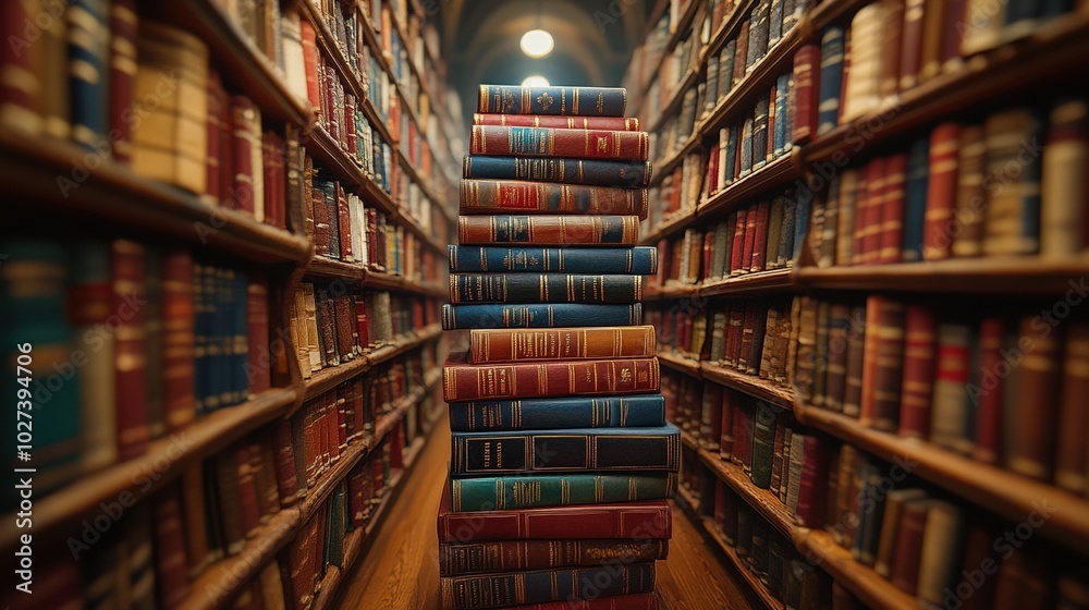Books Stacked in Library | Knowledge & Education Concept Books Stacked in Library | Knowledge & Education Concept