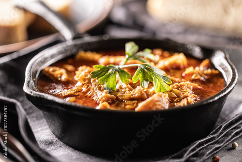 Tasty soup or stew made of beef tripe and spices. Spicy and aromatic tripe soup seasoned with pepper and served with bread photo