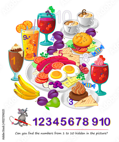 Can you find the numbers from 1 to 10 hidden in the picture? Logic puzzle. I spy game. Math education for young children. Develop counting skills. IQ test. Vector image. Printable worksheet for kids.