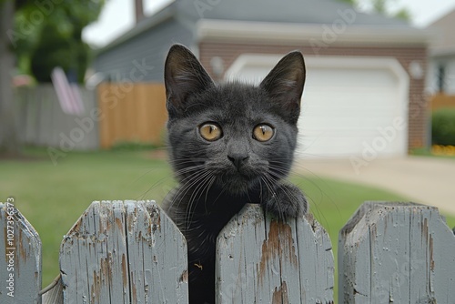 A curious black cat peeks over a weathered wooden fence in a suburban neighborhood under clear skies photo