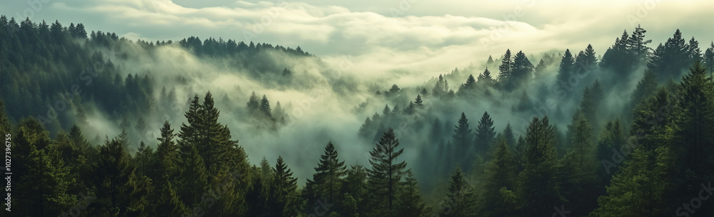 A panoramic view of an evergreen forest shrouded in mist, with the trees towering above and forming intricate patterns against the backdrop of grey clouds. A panoramic view of an evergreen forest shrouded in mist, with the trees towering above and forming intricate patterns against the backdrop of grey clouds.