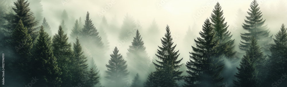 Obraz premium A panoramic view of an evergreen forest shrouded in mist, with the trees towering above and forming intricate patterns against the backdrop of grey clouds.
