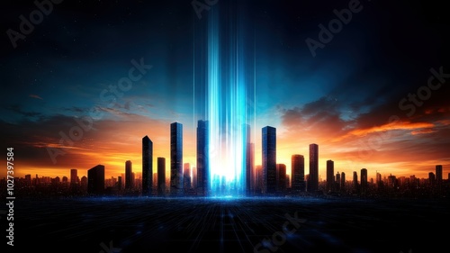 Tomorrow's Technopolis: Futuristic City Skyline Illuminated with AI Algorithms Advancing Technology