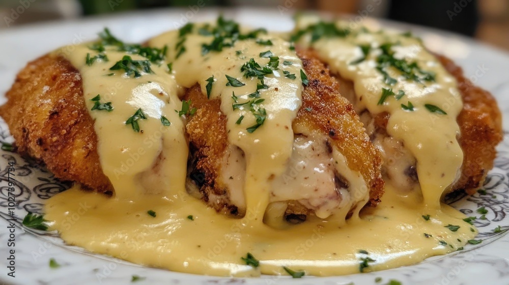 Chicken Cordon Bleu with Creamy Sauce on Plate Chicken Cordon Bleu with Creamy Sauce on Plate