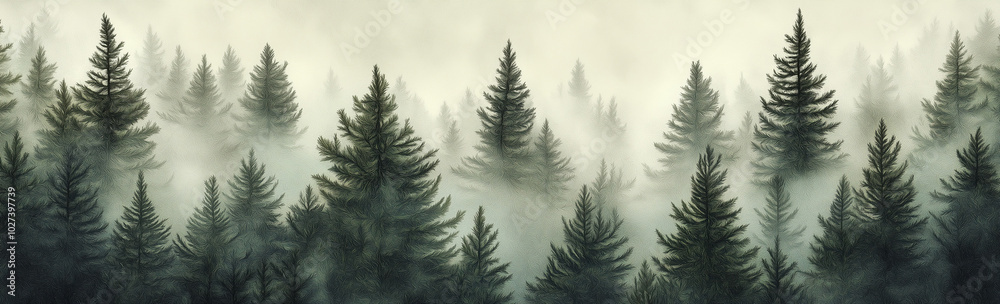Obraz premium A panoramic view of an evergreen forest shrouded in mist, with the trees towering above and forming intricate patterns against the backdrop of grey clouds.