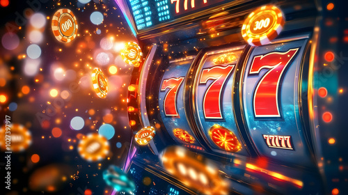 Abstract casino slot machine background. Colourful online casino banner 777 big winning symbol of gold jackpot, casino bar celebration light graphic. Entertainment leisure concept 3d digital artwork.