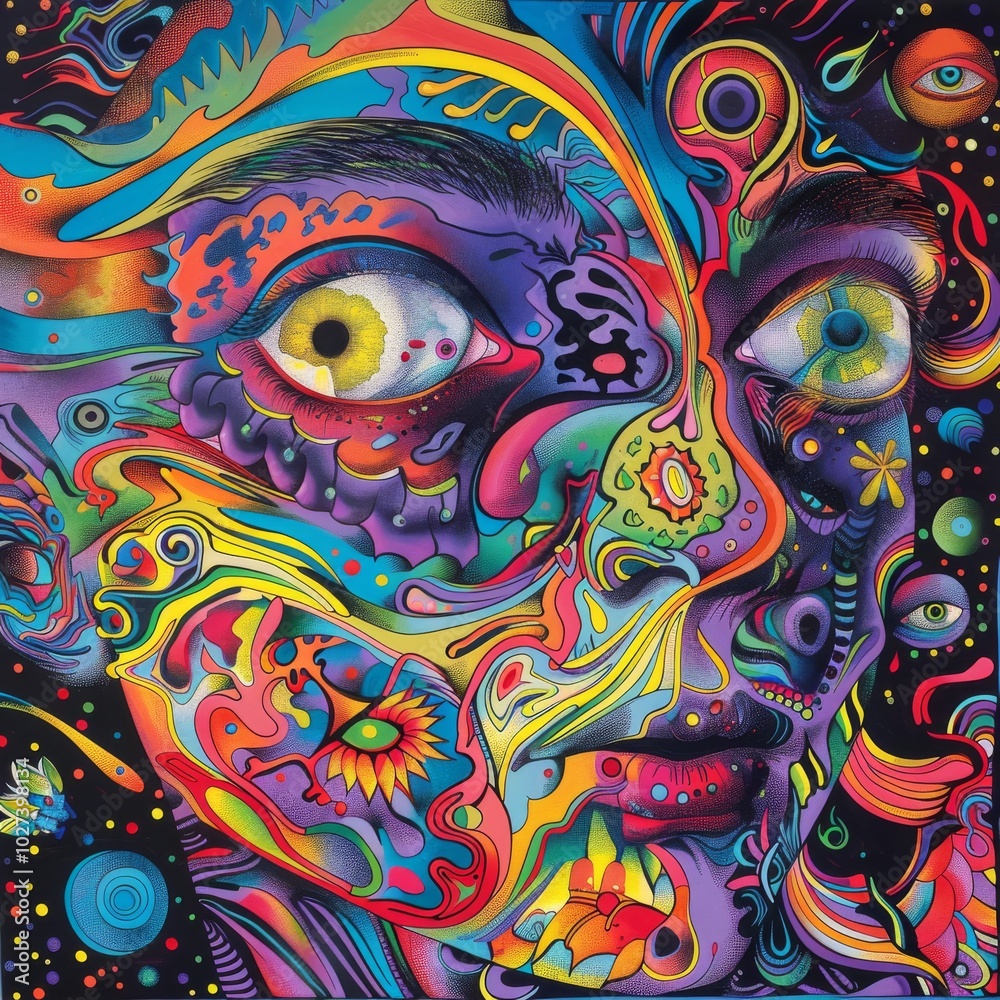 Fototapeta Vibrant abstract art depicting a surreal face with colorful patterns and elements set against a dark background
