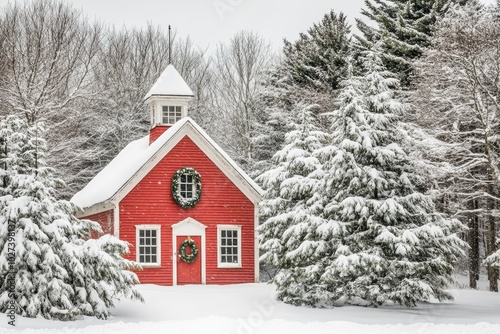 A bright red schoolhouse stands amidst heavy snowfall, framed by lush evergreen trees in a peaceful winter scene