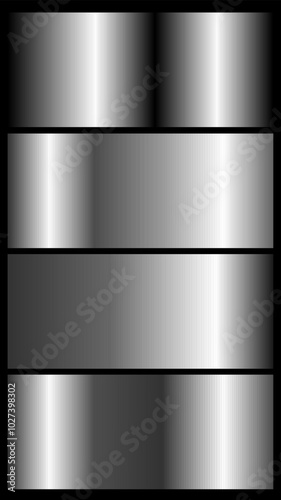 grey metalic stanless steel texture gradient background set. Vector shiny and metalic collection for border, frame, ribbon, label design