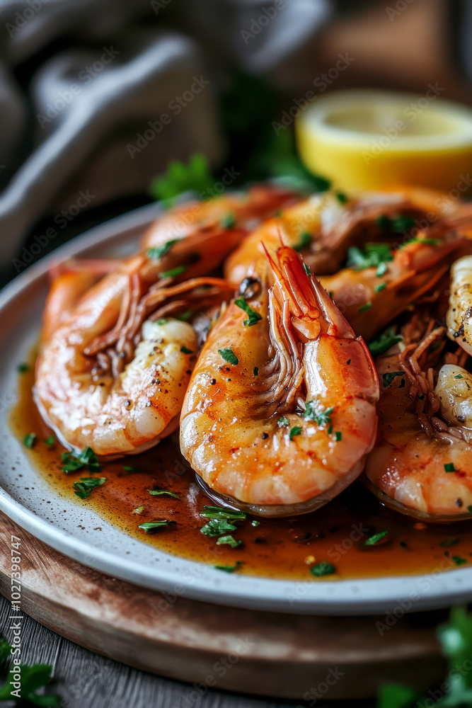 jumbo prawns in butter and garlic sauce. AI generative. jumbo prawns in butter and garlic sauce. AI generative.