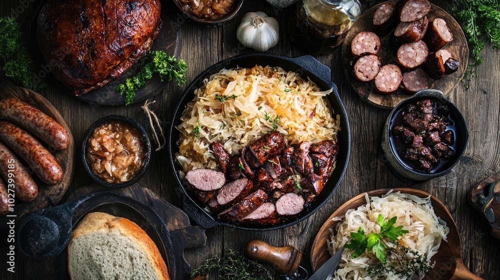 Delicious Choucroute Garnie on Rustic Wooden Table Delicious Choucroute Garnie on Rustic Wooden Table