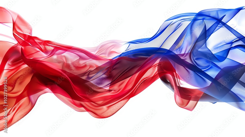 Red and blue fabric flowing in the wind, isolated against a white background. Red and blue fabric flowing in the wind, isolated against a white background.
