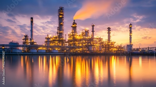 A large industrial plant is reflected in the water. The sky is orange and the sun is setting