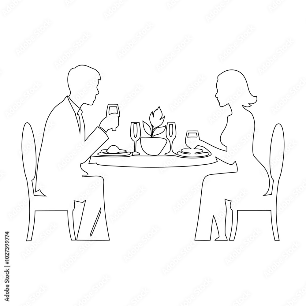 Elegant Couples Dining Out Line Art Illustration on White Background - Romantic Restaurant Scene Elegant Couples Dining Out Line Art Illustration on White Background - Romantic Restaurant Scene