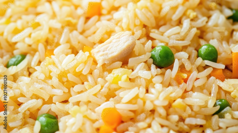 Close-Up of Golden Fried Rice Grains with Vegetables Close-Up of Golden Fried Rice Grains with Vegetables