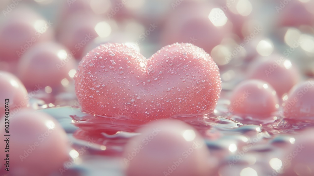 Fototapeta premium A charming heart-shaped pink object floats gracefully among smaller pink orbs on a calm water surface. The setting glimmers with water droplets, creating a serene and playful atmosphere under soft day