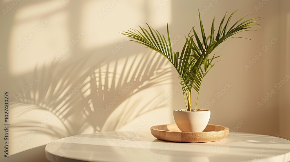 tropical palm tree in pot on white table. tropical palm tree in pot on white table.
