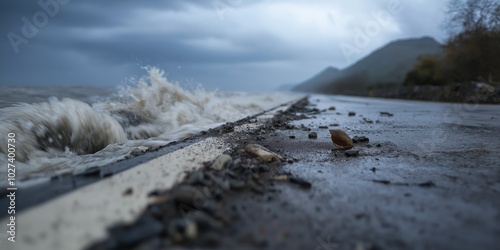 High tide waves violently crash against a coastal road barrier, showcasing the power of nature and potentially threatening nearby infrastructure with its force. photo